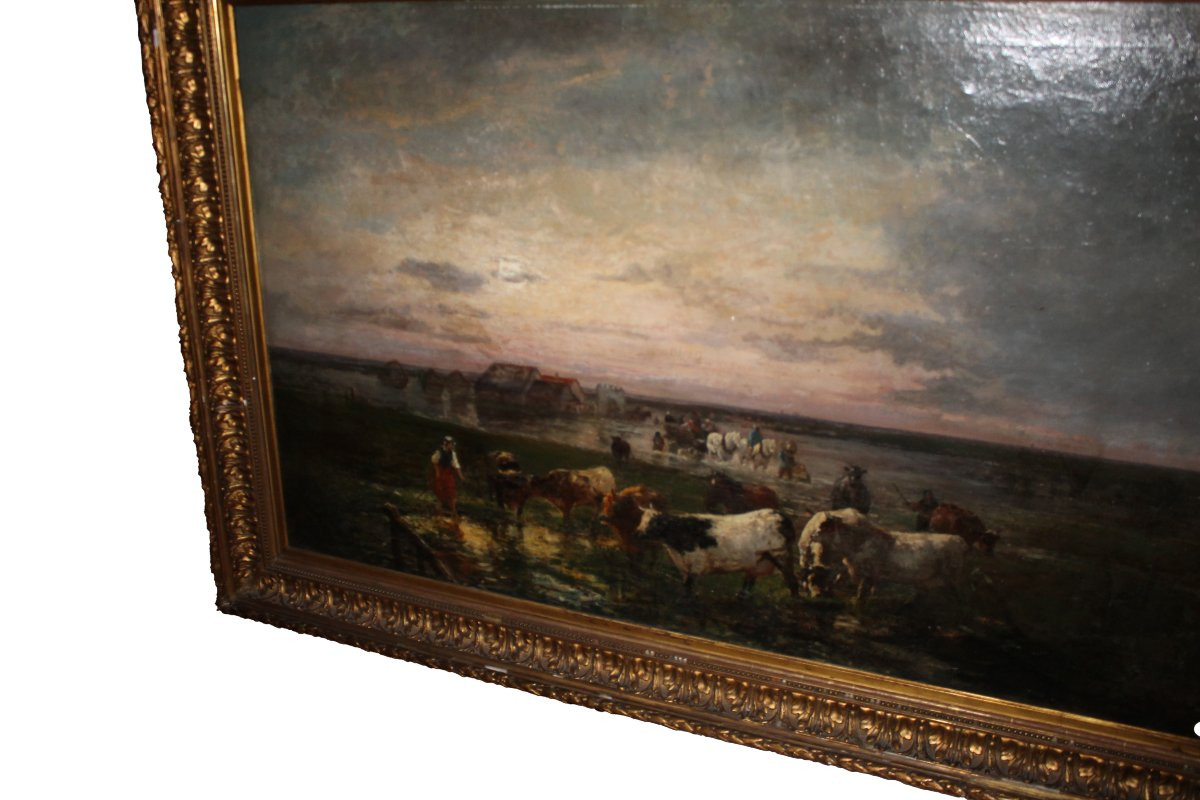 Large 19th Century French Oil Painting – Pastoral Scene With Shepherds And Cows-photo-2