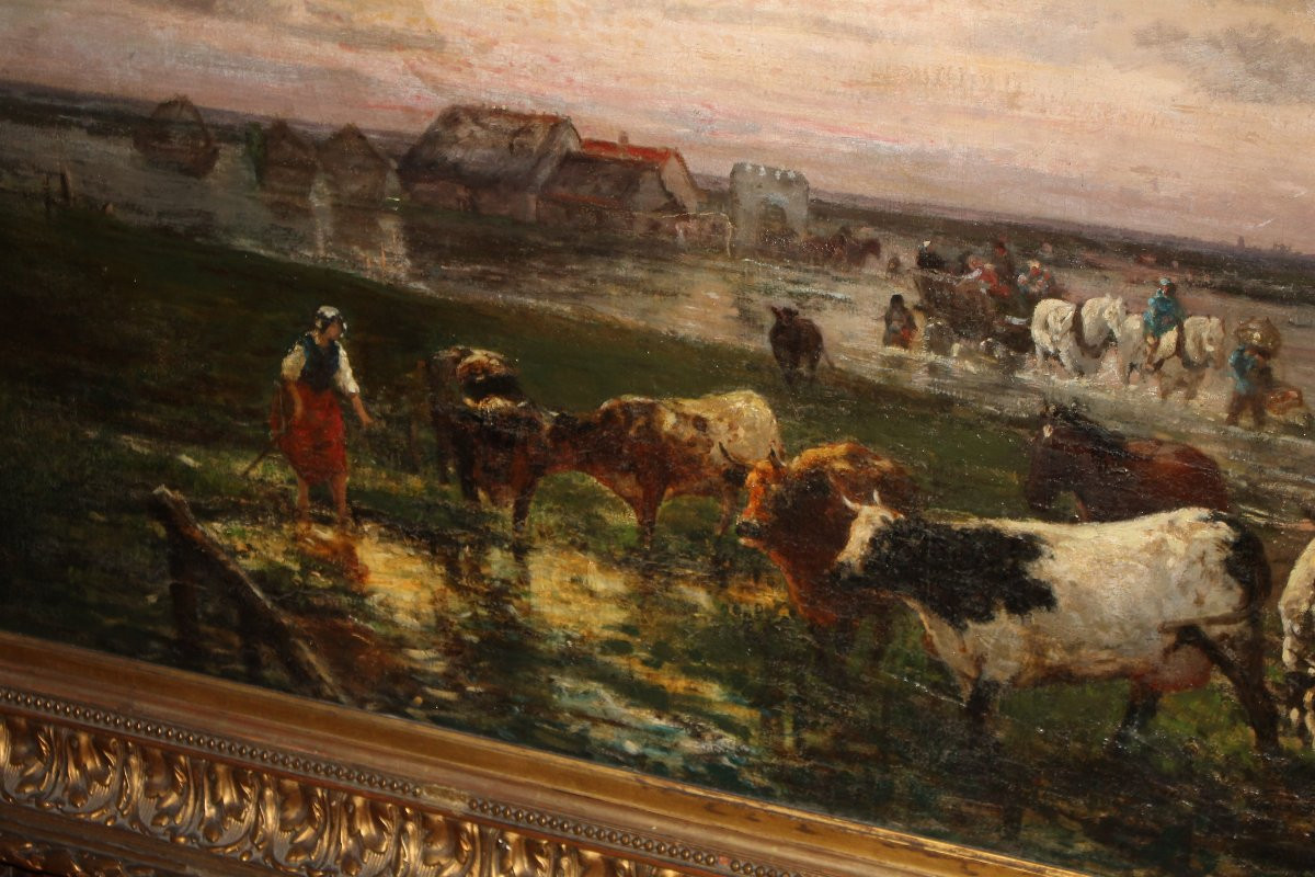 Large 19th Century French Oil Painting – Pastoral Scene With Shepherds And Cows-photo-3