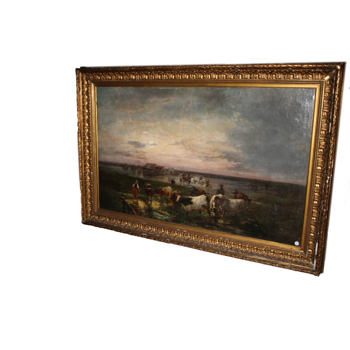 Large 19th Century French Oil Painting – Pastoral Scene With Shepherds And Cows