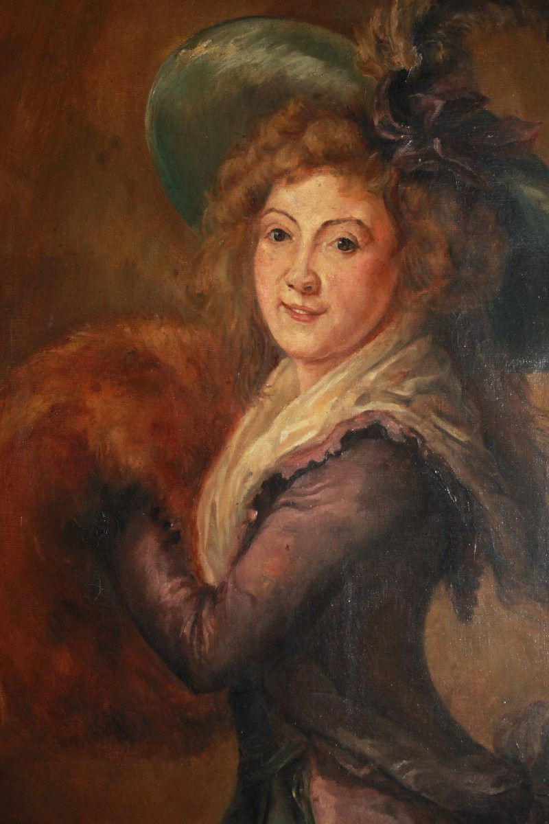 Peinture à l’Huile Française Art Nouveau – Jeune Dame Élégante au Chapeau, Début XXe Siècle-photo-2