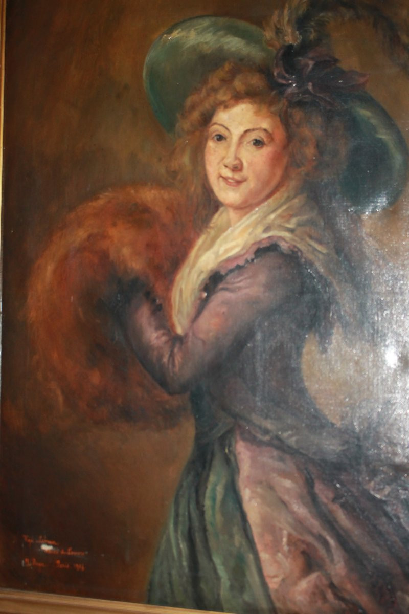 Peinture à l’Huile Française Art Nouveau – Jeune Dame Élégante au Chapeau, Début XXe Siècle-photo-3