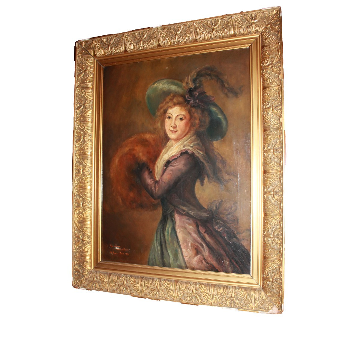 Peinture à l’Huile Française Art Nouveau – Jeune Dame Élégante au Chapeau, Début XXe Siècle