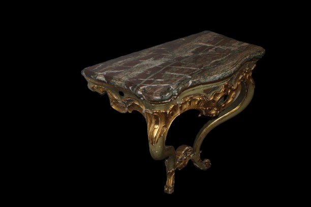 Console Française Louis XV en Bois Doré avec Dessus Marbre – Fin XVIIIe / Début XIXe Siècle-photo-2