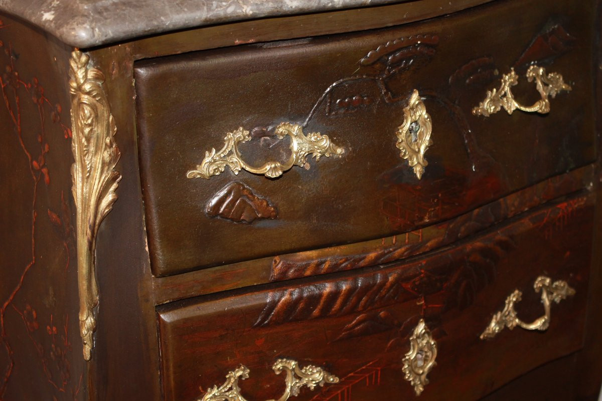 19th Century French Louis XV Bedside Cabinet – Chinoiserie Lacquered And Hand-painted With Marb-photo-2