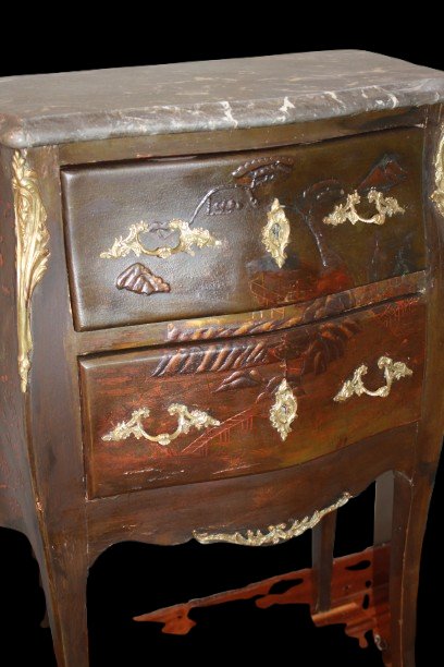 19th Century French Louis XV Bedside Cabinet – Chinoiserie Lacquered And Hand-painted With Marb-photo-4