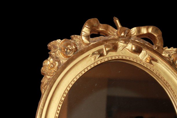 Small French Oval Mirror Louis XVI – Carved And Gilded Wood, Late 19th Century-photo-2