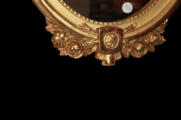 Small French Oval Mirror Louis XVI – Carved And Gilded Wood, Late 19th Century-photo-3