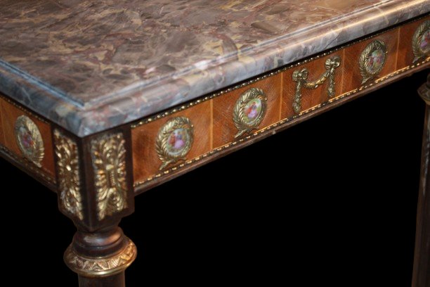 French Low Table Louis XVI – Mahogany, Marble Top, And Painted Porcelain, Early 20th Century-photo-2