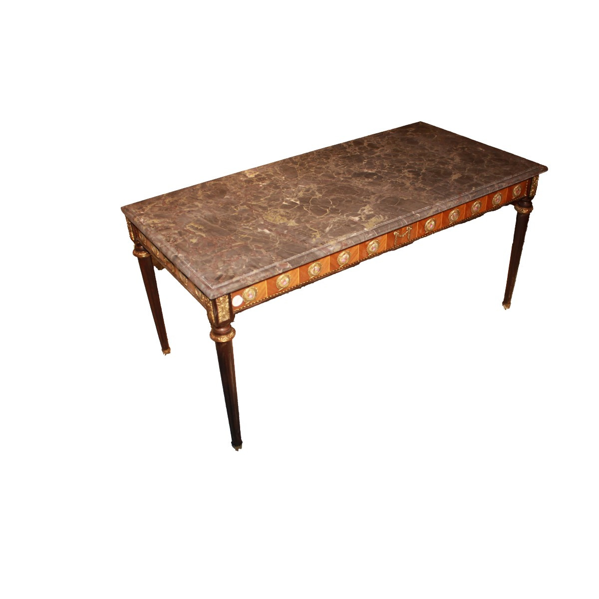 French Low Table Louis XVI – Mahogany, Marble Top, And Painted Porcelain, Early 20th Century