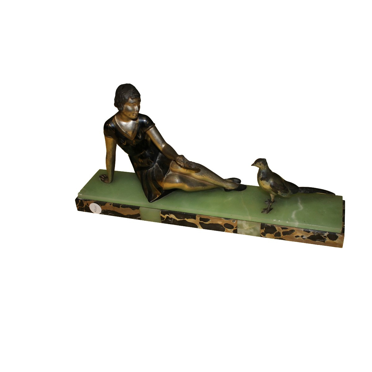 French Art Deco Bronze Sculpture Of Reclining Lady With Bird On Marble Base – Early 20th Centur