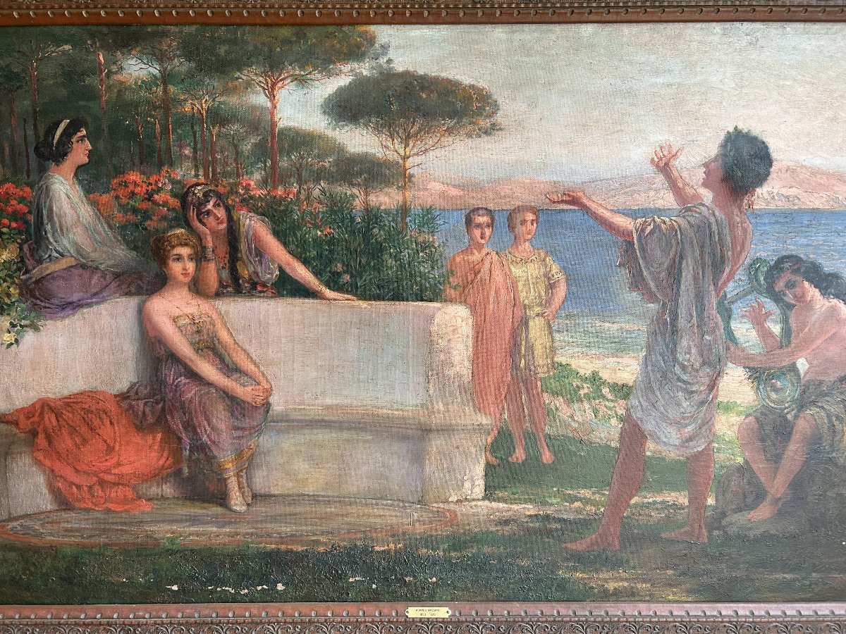 Large French Art Nouveau Oil Painting With Garden Scene – Late 19th / Early 20th Century-photo-2