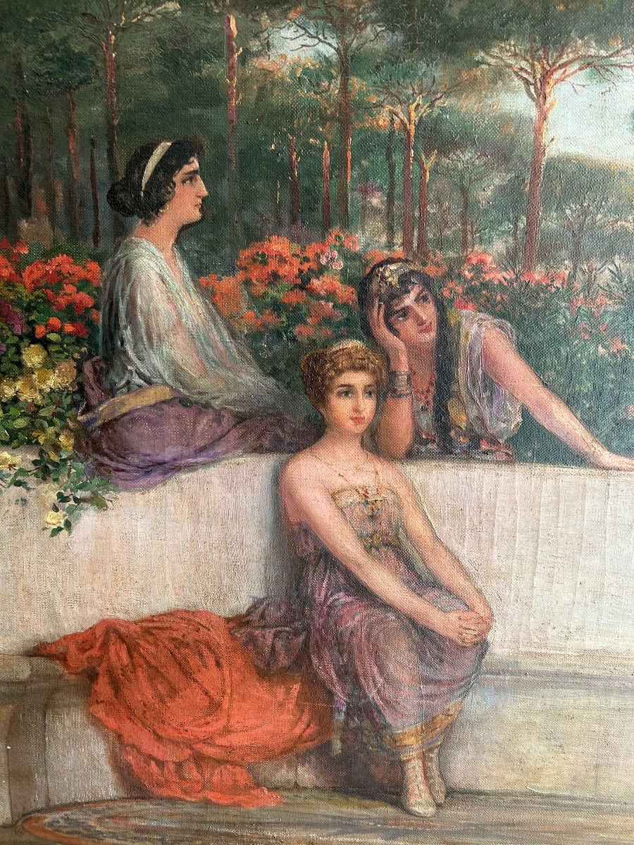 Large French Art Nouveau Oil Painting With Garden Scene – Late 19th / Early 20th Century-photo-3