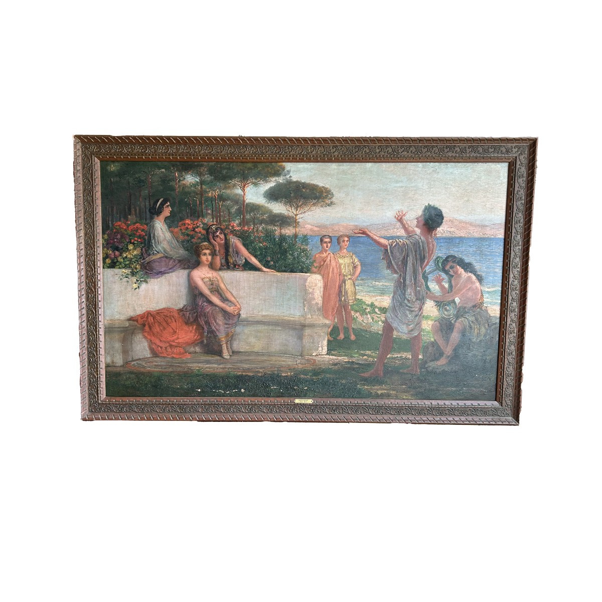 Large French Art Nouveau Oil Painting With Garden Scene – Late 19th / Early 20th Century
