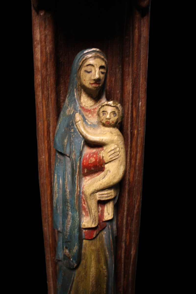 Sculpture Italienne en Bois du XVIIe Siècle représentant la Vierge Marie avec Tabernacle -photo-2