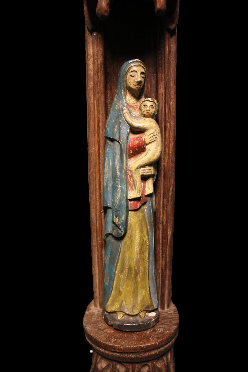 Sculpture Italienne en Bois du XVIIe Siècle représentant la Vierge Marie avec Tabernacle -photo-3