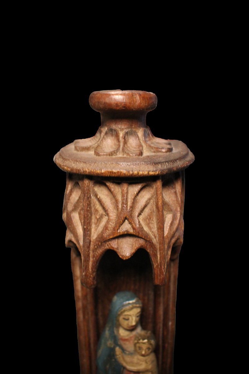 Sculpture Italienne en Bois du XVIIe Siècle représentant la Vierge Marie avec Tabernacle -photo-1