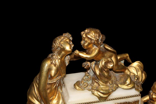 Pendule de Cheminée Française Napoléon III en Marbre Blanc et Bronze Doré avec Putti XIX sec-photo-3