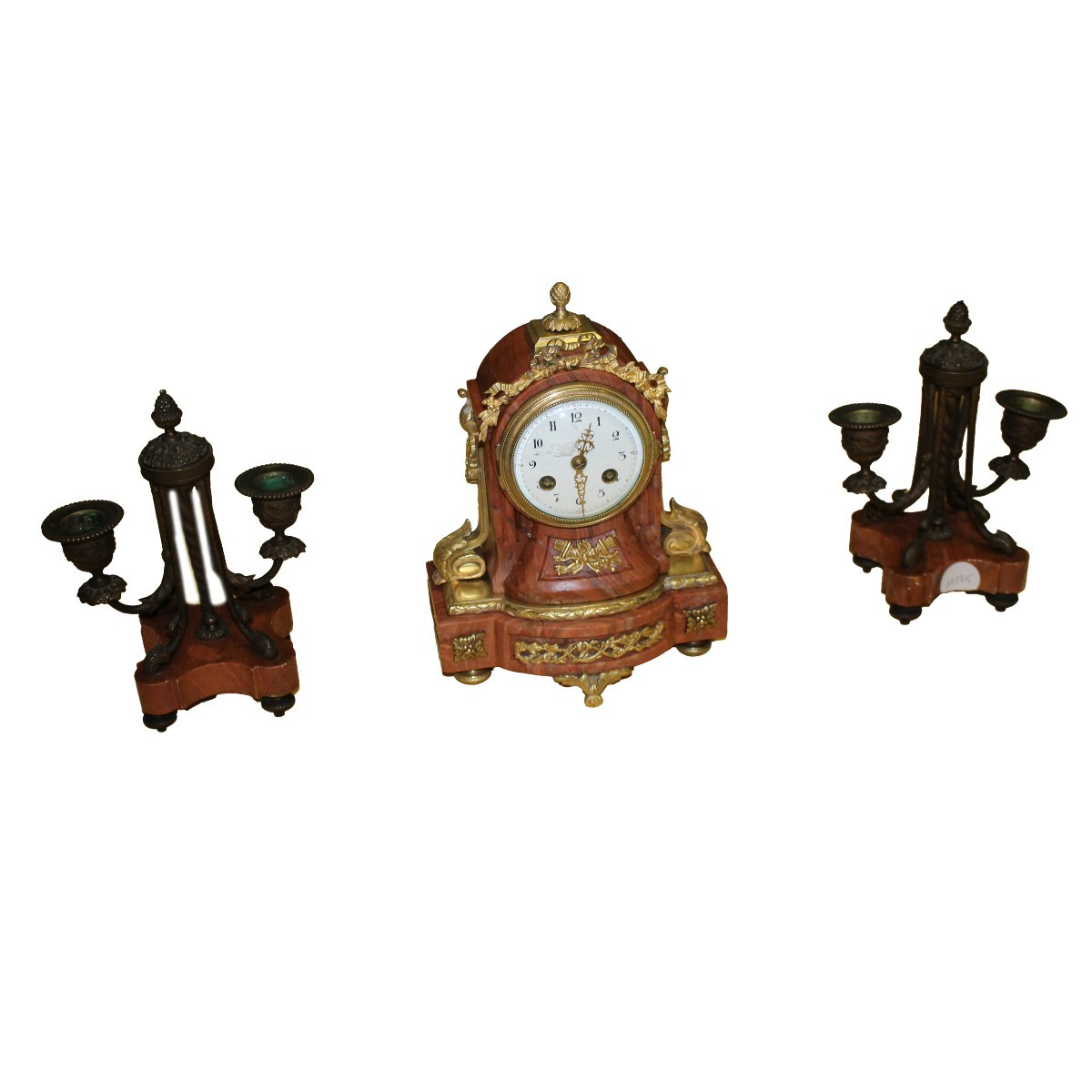 Garniture Française : Pendule et Paire de Chandeliers en Porphyre Rouge avec Bronzes Dorés – Fi