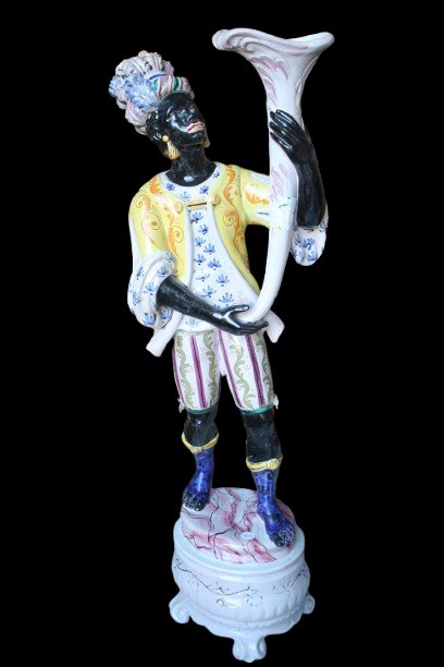 Pair Of Italian Moorish Ceramic Lamp Figures, Early 20th Century (hand-painted)-photo-2