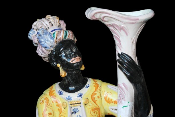 Pair Of Italian Moorish Ceramic Lamp Figures, Early 20th Century (hand-painted)-photo-3