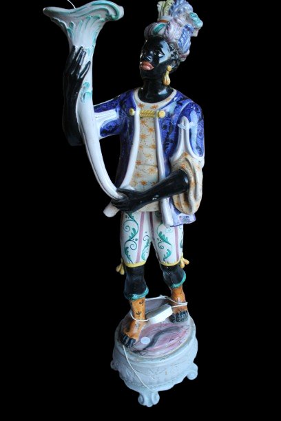 Pair Of Italian Moorish Ceramic Lamp Figures, Early 20th Century (hand-painted)-photo-1