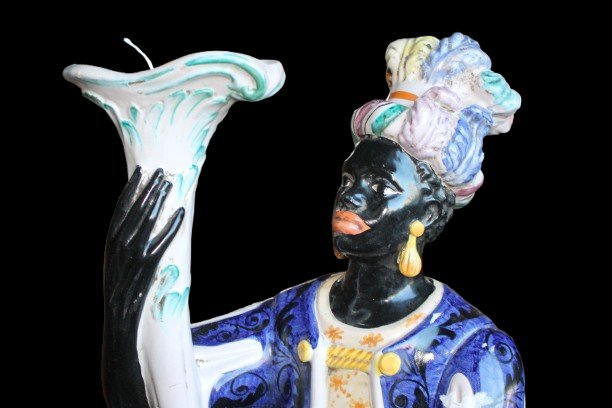 Pair Of Italian Moorish Ceramic Lamp Figures, Early 20th Century (hand-painted)-photo-2