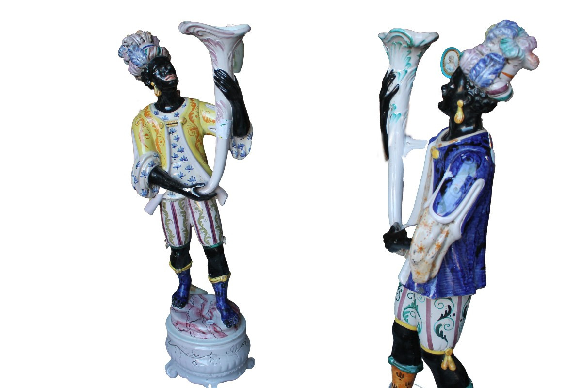 Pair Of Italian Moorish Ceramic Lamp Figures, Early 20th Century (hand-painted)
