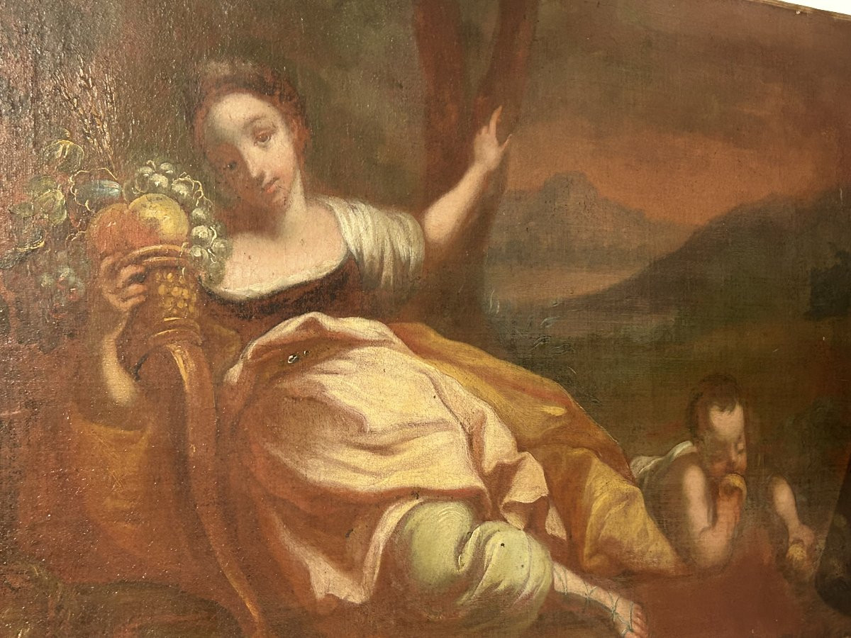 Peintures Anciennes à l’Huile – Allégorie de l’Abondance & Élégante Dame avec Perroquet, XVIIe–-photo-3