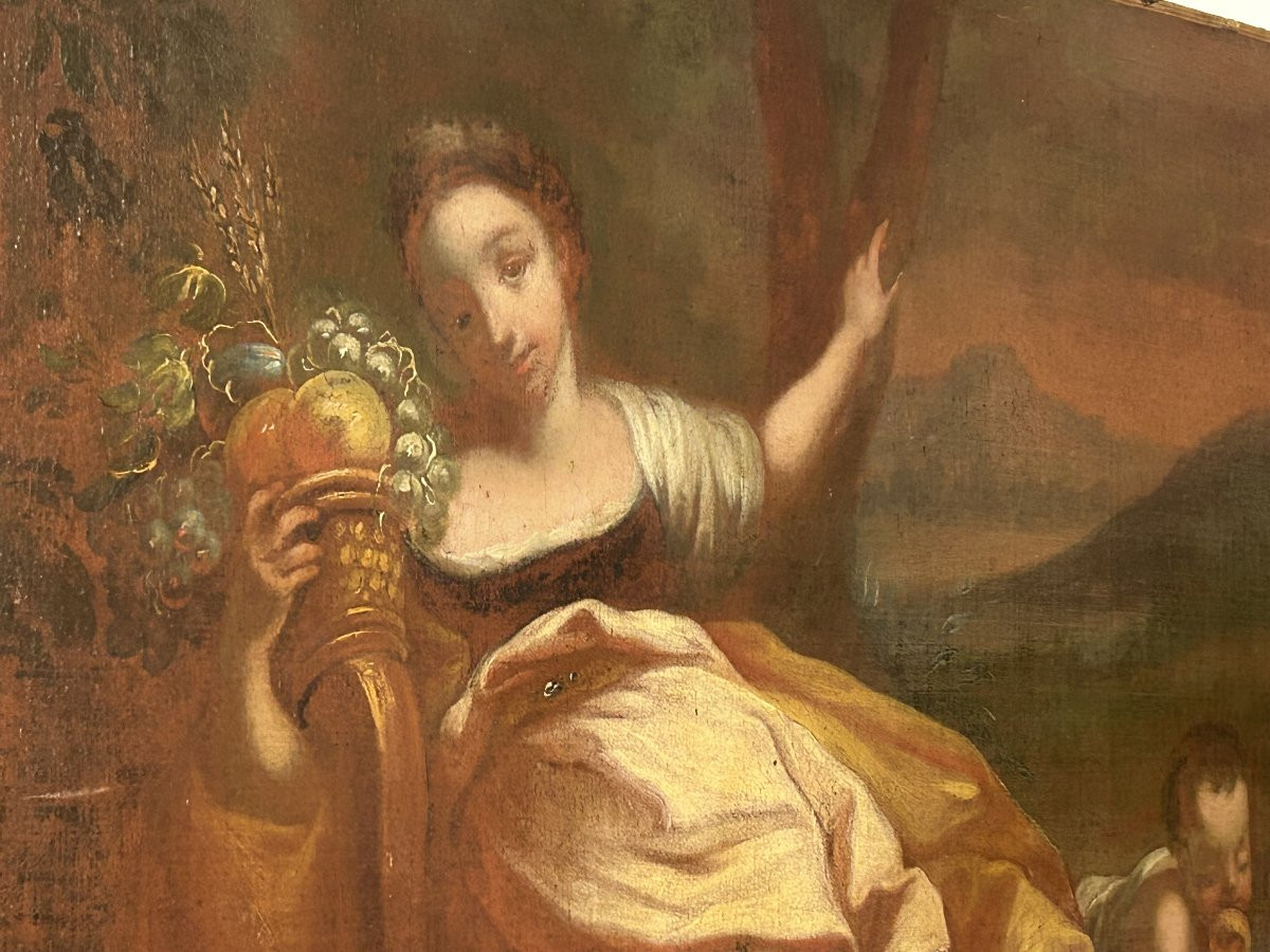 Peintures Anciennes à l’Huile – Allégorie de l’Abondance & Élégante Dame avec Perroquet, XVIIe–-photo-4