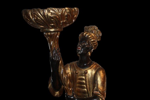 Pair Of Venetian Blackamoor Sculptures In Carved And Gilded Wood – Early 19th Century-photo-3