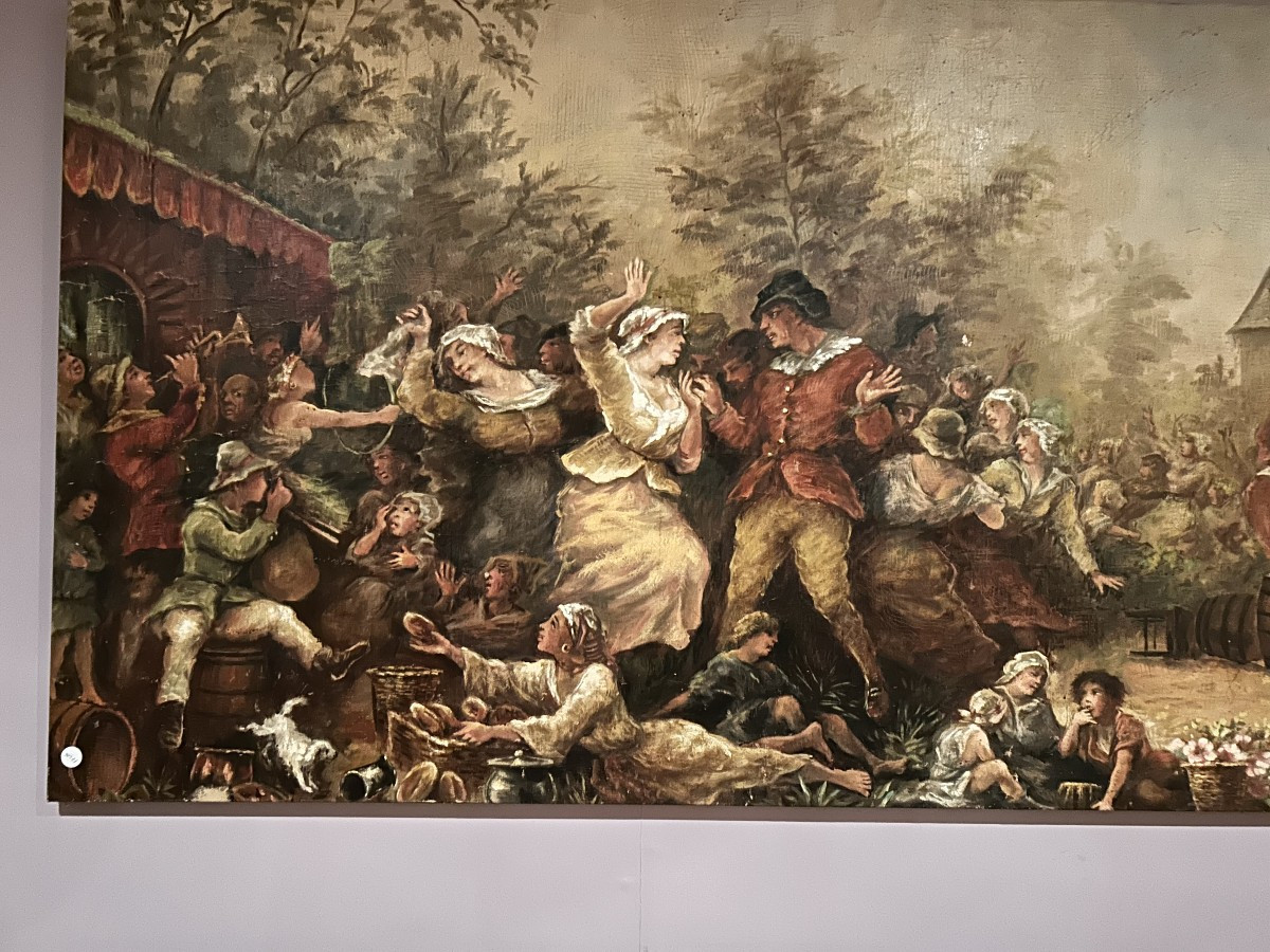 Large French Panoramic Oil Painting – 20th Century Country Festival Scene-photo-2