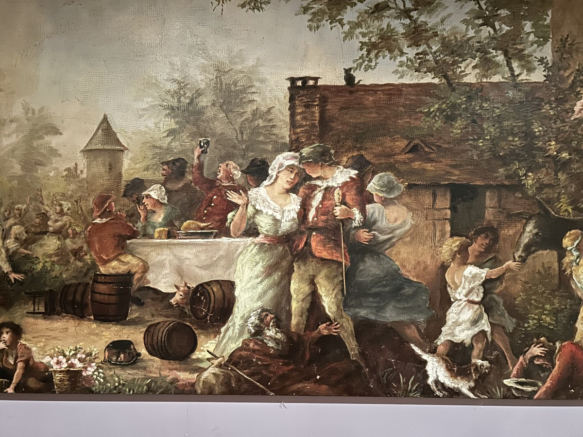 Large French Panoramic Oil Painting – 20th Century Country Festival Scene-photo-3