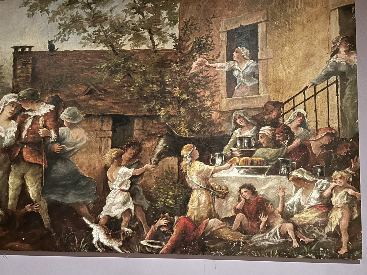Large French Panoramic Oil Painting – 20th Century Country Festival Scene-photo-4