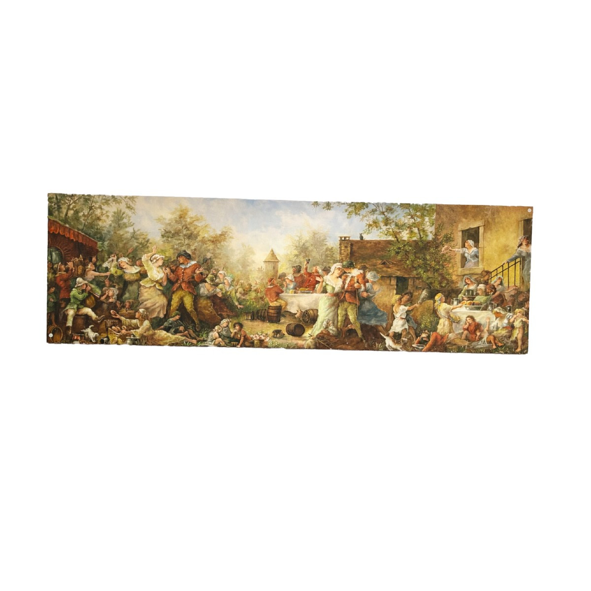 Large French Panoramic Oil Painting – 20th Century Country Festival Scene