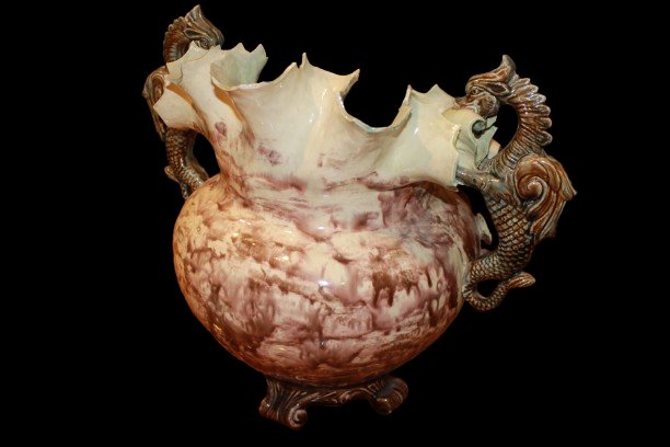 French Late 19th – Early 20th Century Decorative Piece With Rose Motif And Seahorse Handles-photo-4