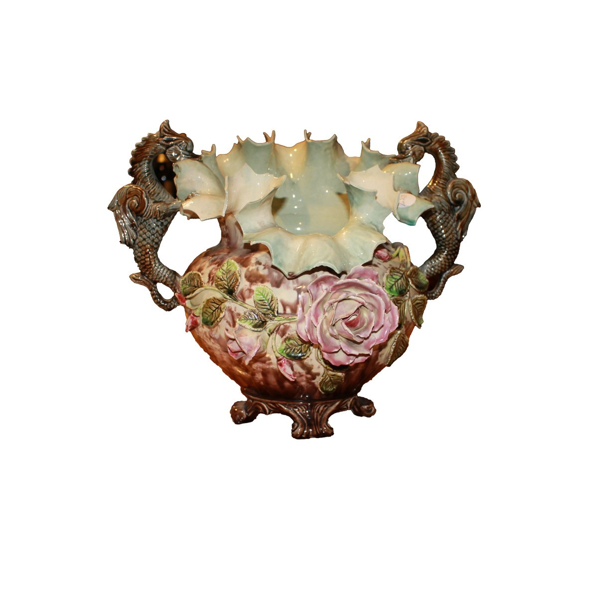 French Late 19th – Early 20th Century Decorative Piece With Rose Motif And Seahorse Handles