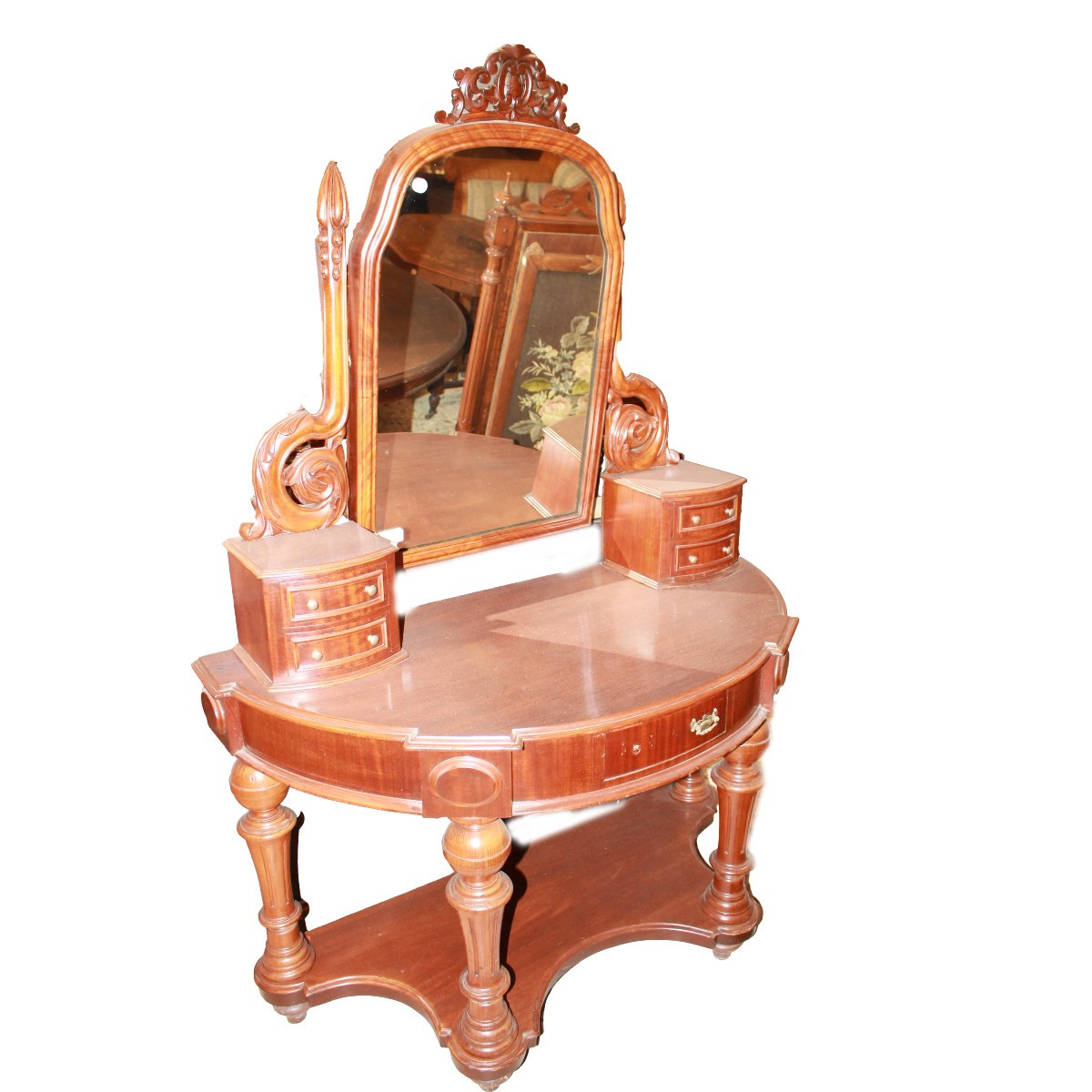 Coiffeuse Art Déco, tablette 3 tiroirs miroir, noyer