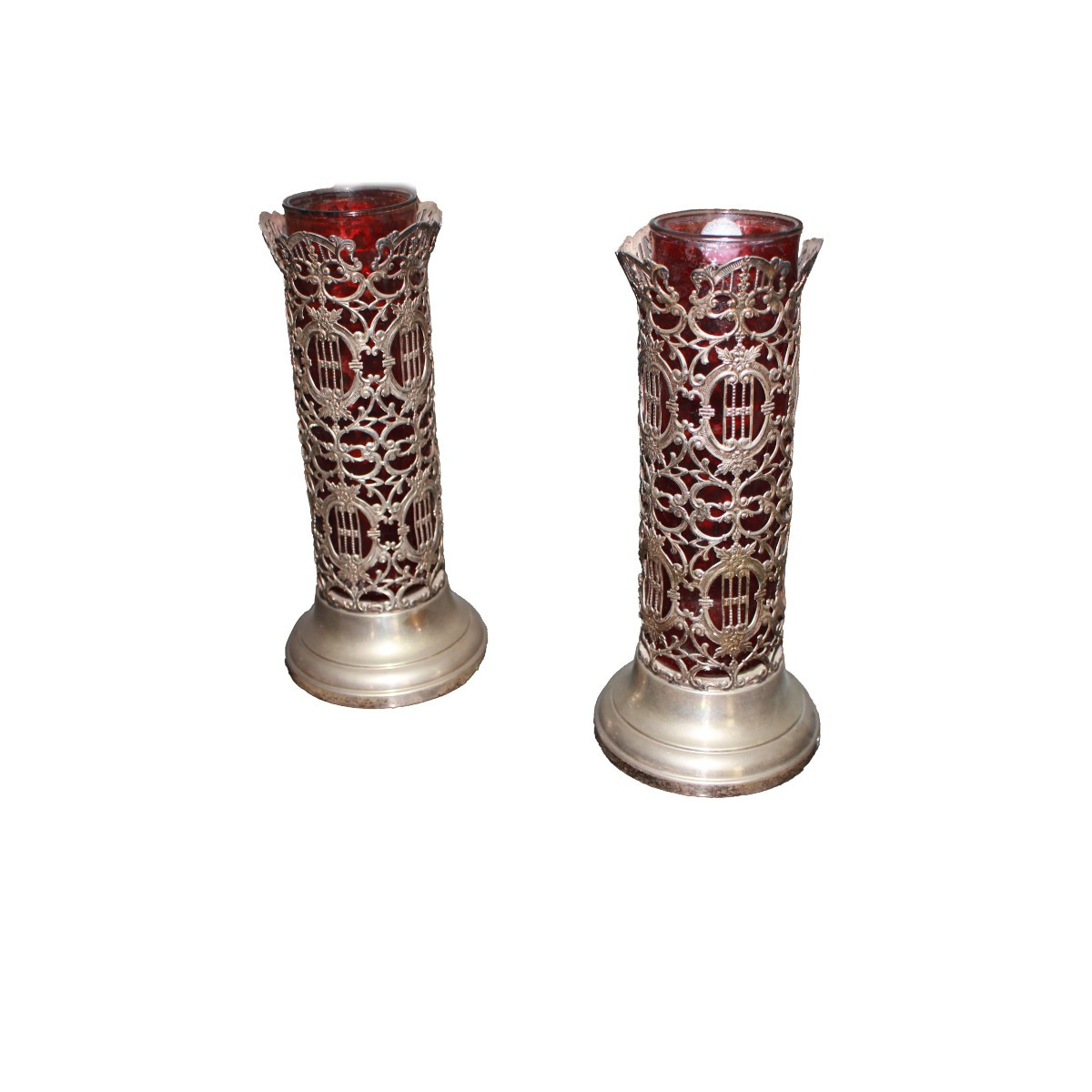Paire de Vases Français du XXe Siècle en Verre Rouge et Monture Sheffield