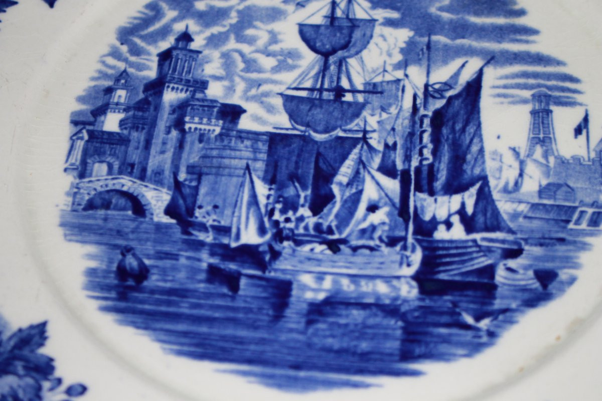 Assiette Anglaise en Porcelaine Bleu et Blanc Début XXe Siècle avec Vue de Ferrara-photo-2