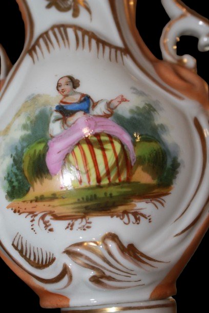 Pair Of 19th Century French Rocaille Style Pierced Porcelain Vases With Floral And Figural Deco-photo-4