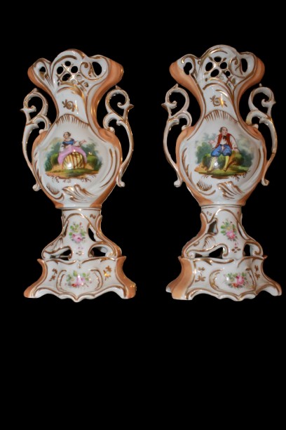 Pair Of 19th Century French Rocaille Style Pierced Porcelain Vases With Floral And Figural Deco