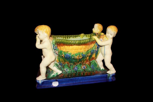 Italian Caltagirone Polychrome Ceramic Centerpiece With Putti, Early 20th Century-photo-4