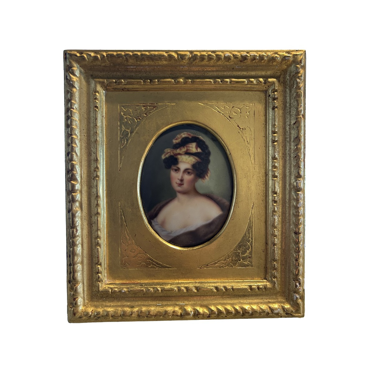 Miniature Peinte Représentant une Dame – XIXe Siècle avec Cadre Doré