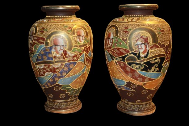 Paire de Vases Japonais Satsuma à Décor Figuratif – XIXe Siècle-photo-2