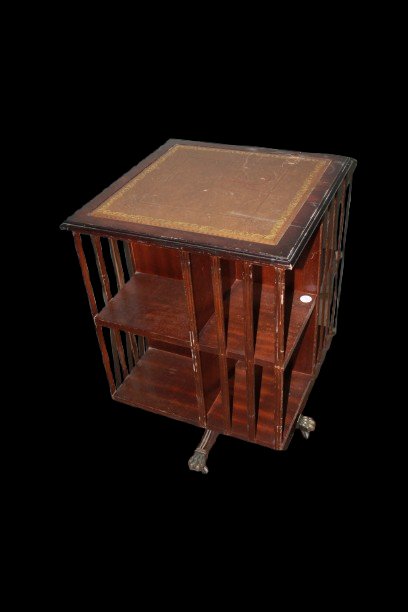 Bibliothèque tournante anglaise victorienne en acajou avec plateau en cuir, XIXe siècle-photo-3