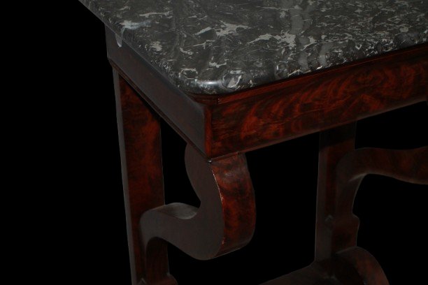 Console ancienne française style Empire en acajou avec marbre noir, XIXe siècle-photo-2
