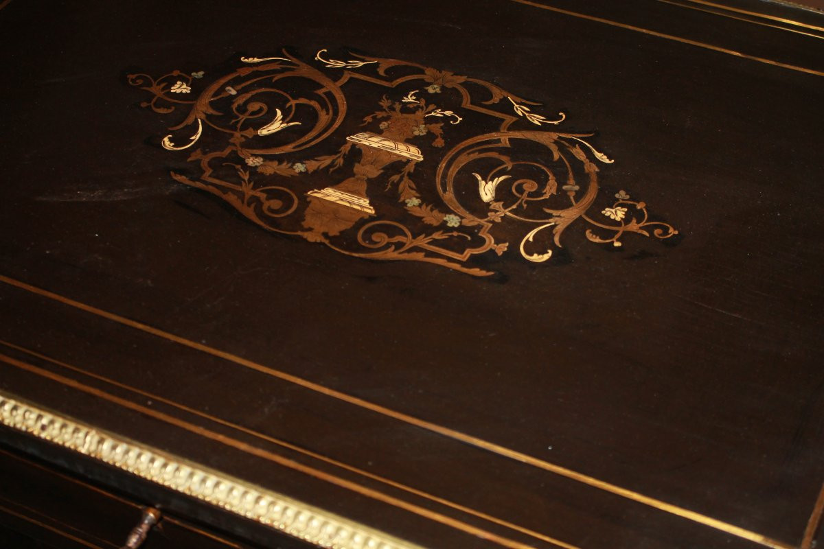 Table à abattants ancienne française style Boulle en bois noirci avec marqueterie -photo-2