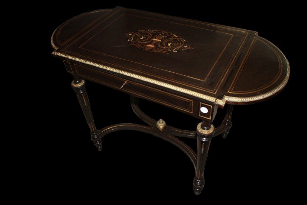 Table à abattants ancienne française style Boulle en bois noirci avec marqueterie -photo-4