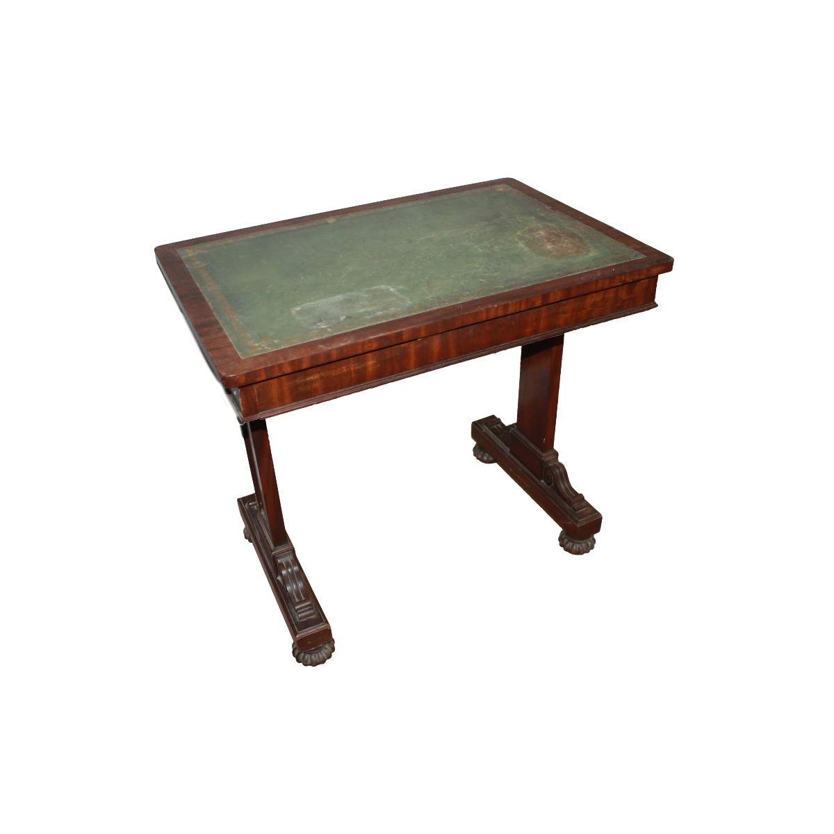 Petit bureau ancien anglais style Regency en acajou avec plateau en cuir vert, XIXe siècle