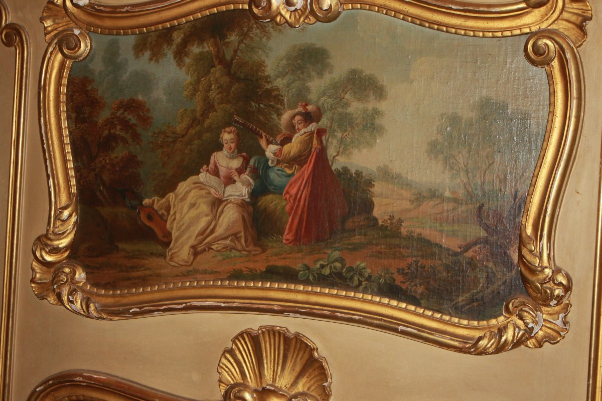 Miroir de cheminée ancien français style Louis XV avec panneau peint, XIXe siècle-photo-2